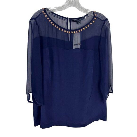 French Connection NEW 100% Silk Navy Blue Embellished Beaded Blouse Top Size 10 - Picture 2 of 10